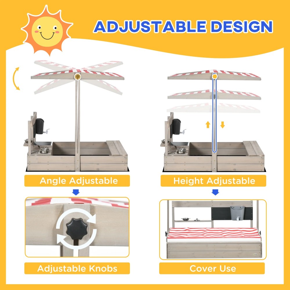 Outsunny Kids Sandbox with Canopy Adjustable, Wooden Sandbox Backyard Toy - Image 5