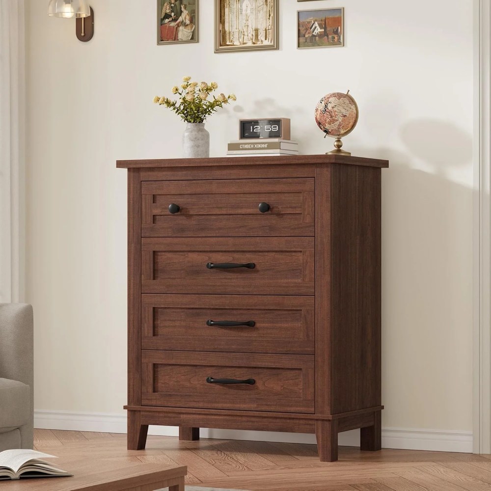 4 Drawer Dresser for Bedroom, 34.8" Tall Bedroom Dresser with Large Drawer& Black Handles, Wooden Storage Organizer Cabinet Chest of Drawer for Living Room, Hallway