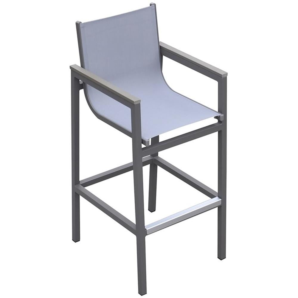Armen Living Marina Outdoor Patio Barstool in Grey Powder Coated Finish with Grey Sling Textilene and Grey Wood Accent Arms