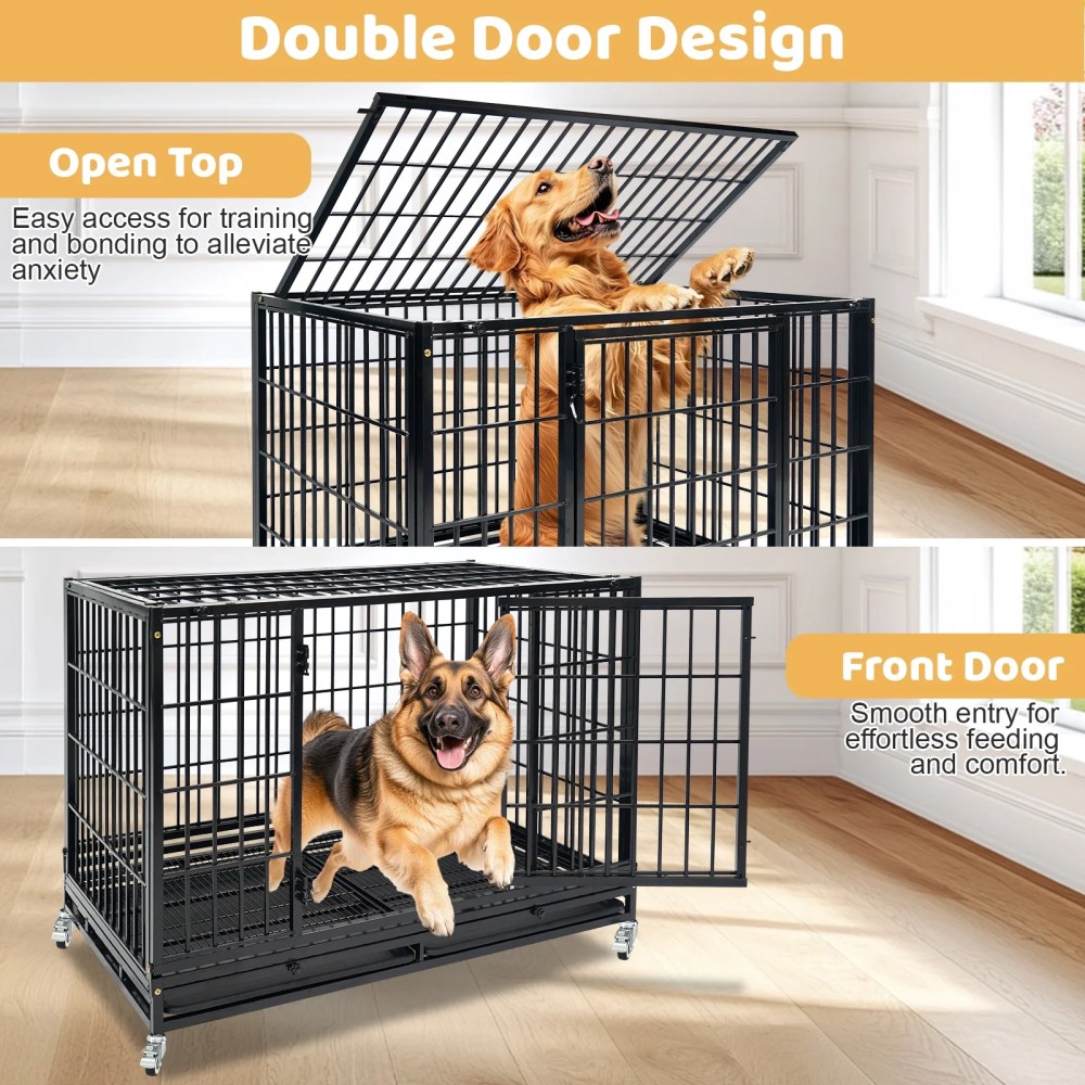 Homey Pet 47 Inch Stackable Heavy Duty Dog Crate, Indestructible Escape Proof Cage for High Anxiety Large Dogs, XL Dog Kennel Indoor with Auto Locks, No-Noise Grid, Dual Trays, 360'Wheels, Top Acces - Image 3