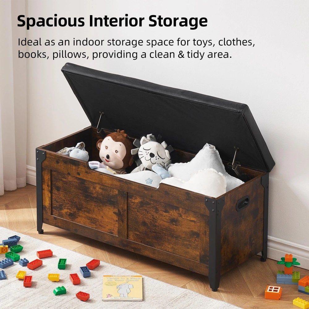 2024 New Wooden Storage Chest Bench, Leather Entryway Shoes Bench with Flip Top Storage Chest,Lift Top Storage Trunk with 2 Safety Hinges for Living Room Bedroom Entryway - Image 8