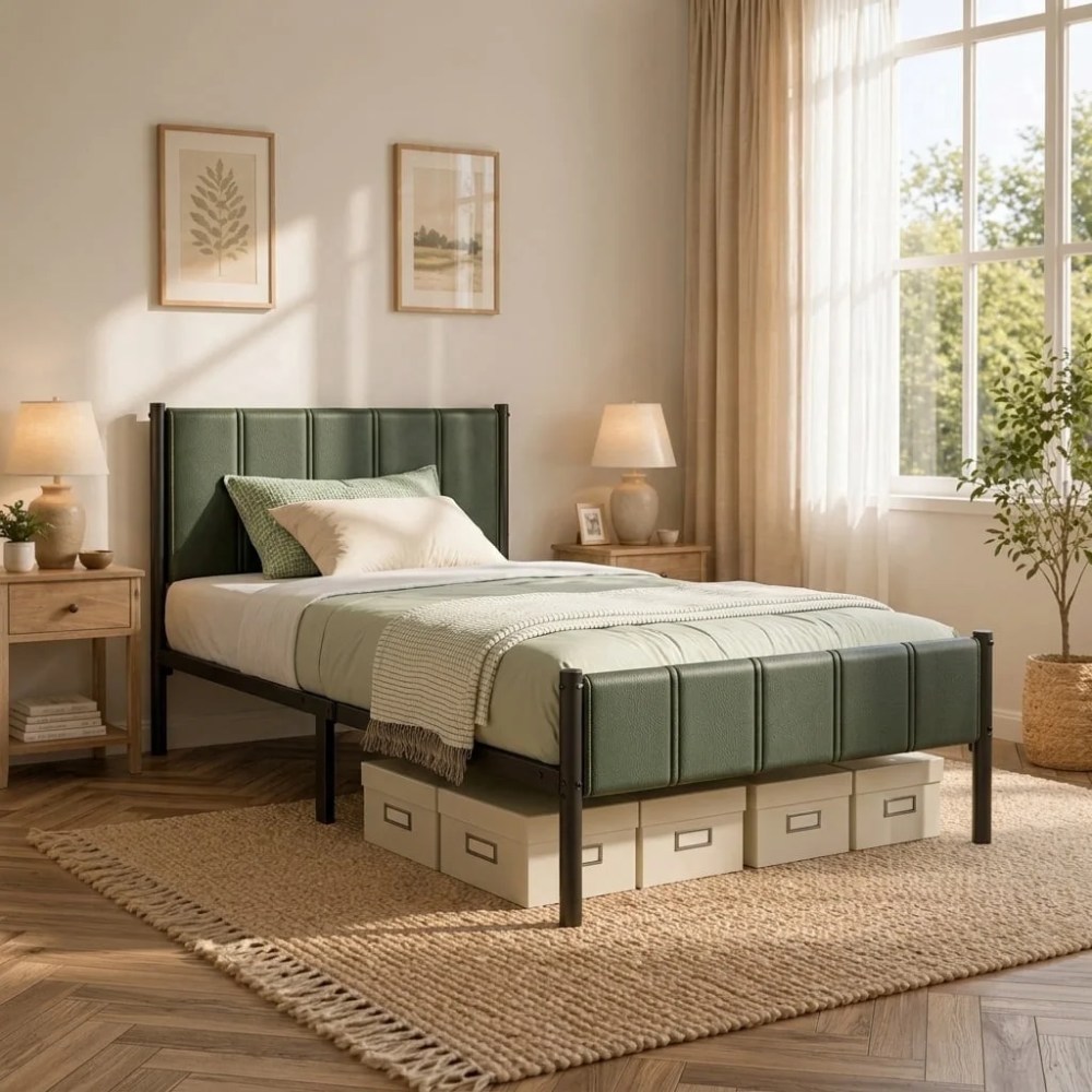 LEDREM Twin Size Metal Bed Frame with Upholstered Headboard and Footboard,12.4-Inch Underbed Clearance,550 lb Capacity,Easy Assembly,Forest Green