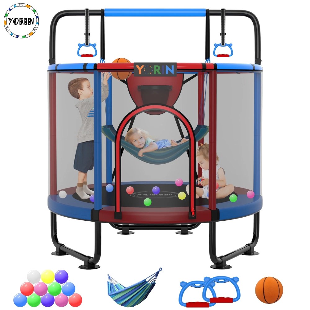 YORIN Trampoline for Kids, 60" 55" 66" Toddler Mini Trampoline with Enclosure Net, Basketball Hoop, 5FT Indoor/Outdoor Kids Trampoline with Swing, Adjustable Gymnastics Bars, Gifts for Kids, 600