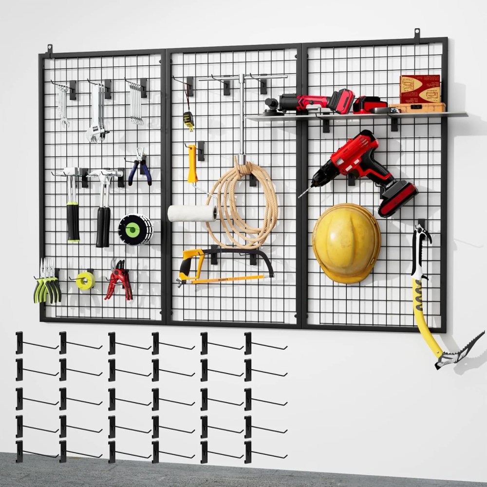 Ztysn 3pcs Wall Mount Grid Wire Panel Display Stand, Metal Mesh Hanging Rack with 30 Hooks,Freely Assembled Display Panel for Workshop Storage Rack Home Garage Organization