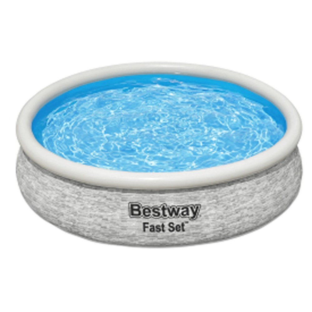 Bestway Fast Set 12" x 30" Round Inflatable Stacked Stone Swimming Pool Set