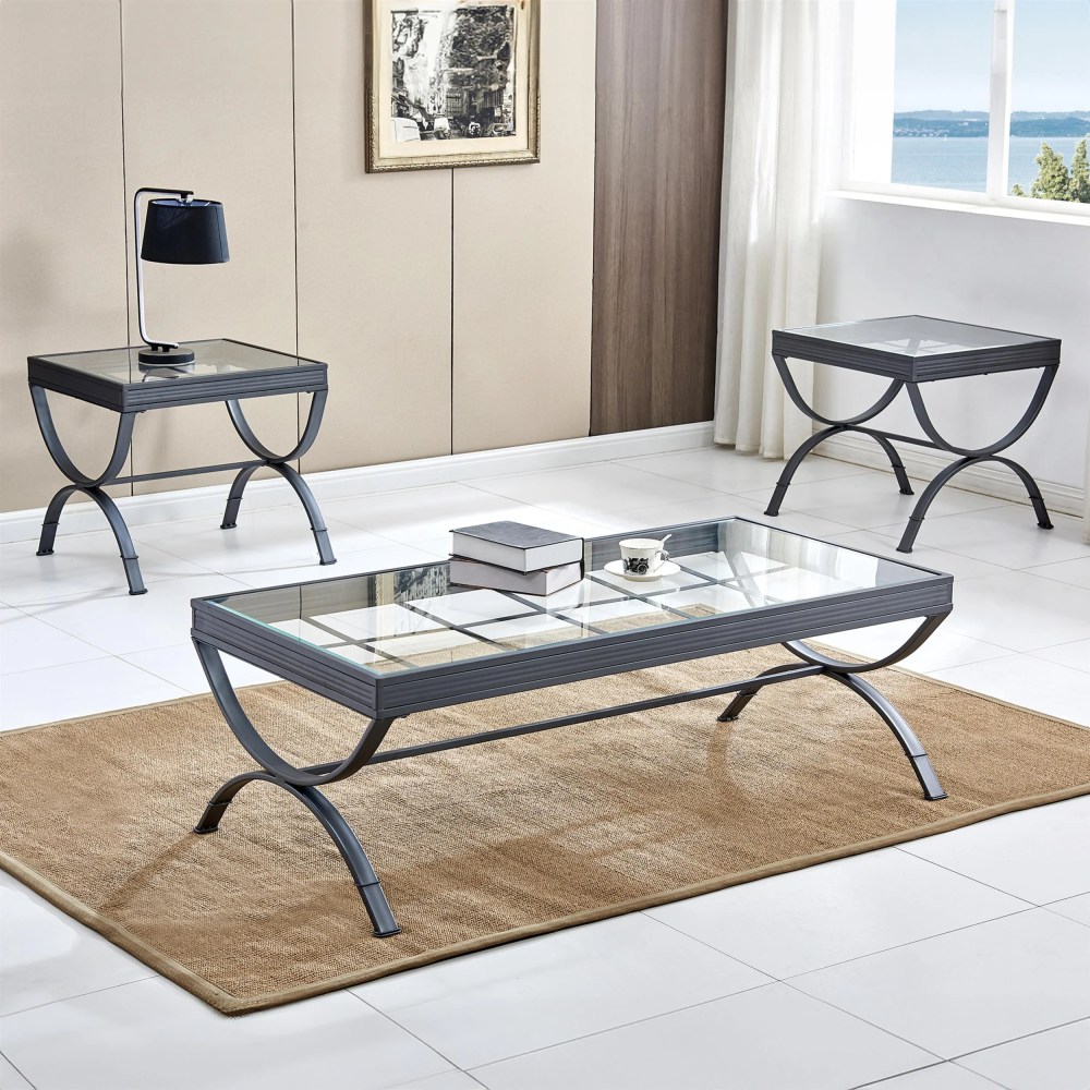 Steve Silver Emerson Windowpane Glass and Metal Silver Coffee and End Table 3 Piece Set