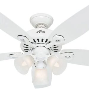 Hunter 42 inch Indoor Ceiling Fan with LED Lights - White Ceiling Fan with Pull Chain, For Bedroom or Living Room, Standard Mount, No Remote, 5 Blades, Includes Bulbs - Builder 52105, Snow White