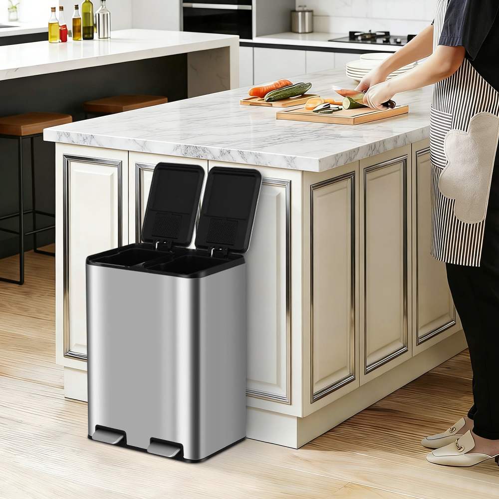 60 Liter / 16 Gallon Trash Can Rectangular Metal Trash Can Kitchen Trash Can Stainless Steel Step Trash Can,Garbage Can with 2 Plastic Inner Buckets and Hinged Lids,Silver