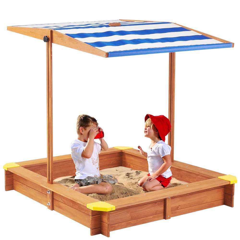 Aukfa Wooden Sandbox w/Adjustable Canopy & Cover for Kids, Brown