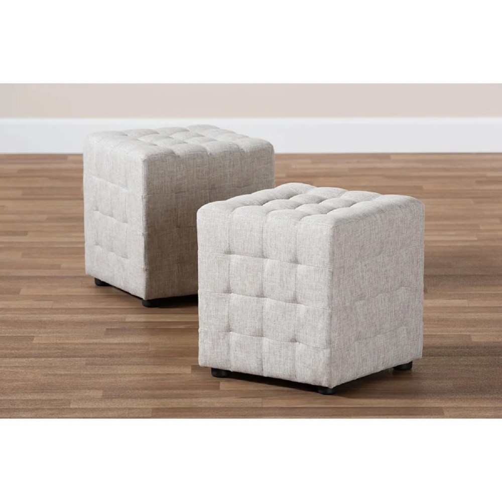 Baxton Studio Elladio Modern and Contemporary Beige Fabric Upholstered Tufted Cube Ottoman Set of 2 - Image 4