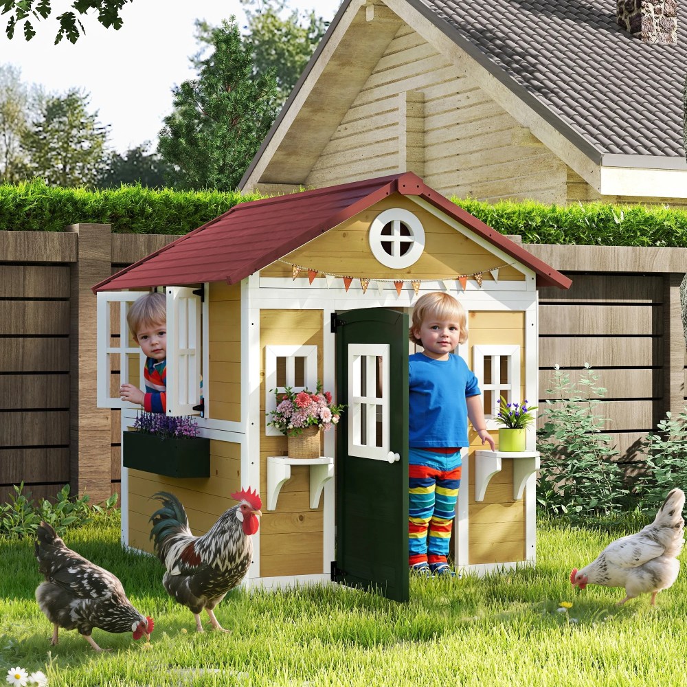 Outsunny Playhouse for Kids Outdoor,  Wooden Playhouse with Doors,  Windows,  Planter Pots and Boxes for Toddlers 3-8 Years,  Backyard,  Beige