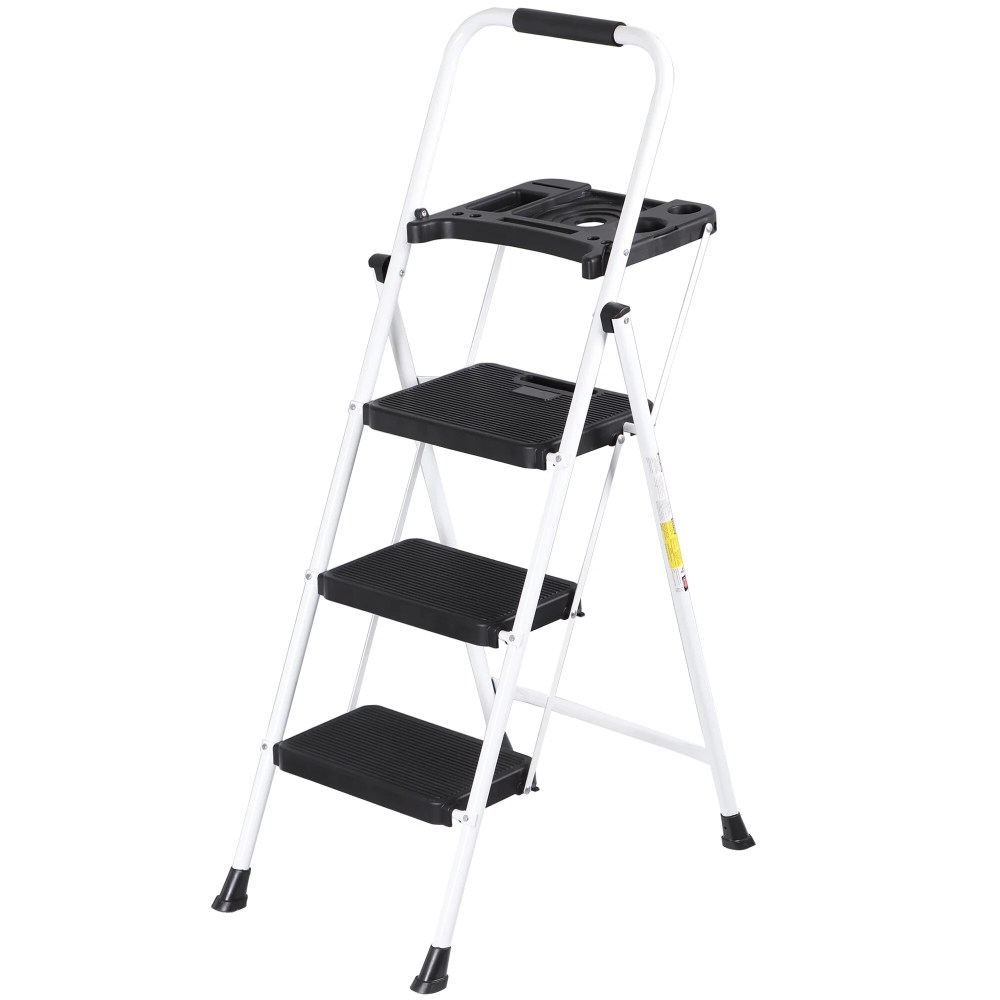 ZENY 3 Step Ladder Folding Step Stool with Tool Tray Wide Non-Slip Pedal,White