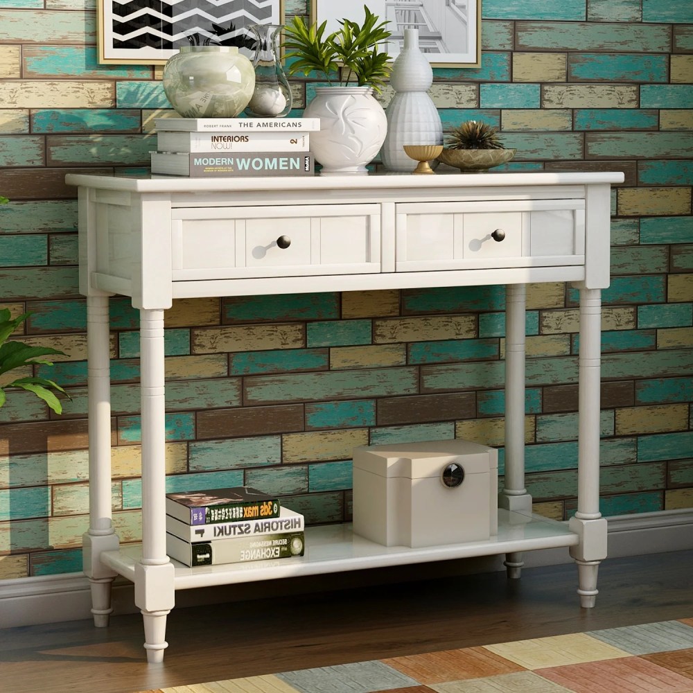 Wooden Console Table with 2 Drawers and Storage Shelf,Sofa Table Entryway Table Side Desk TV Stand for Living Room Hallway, Ivory White