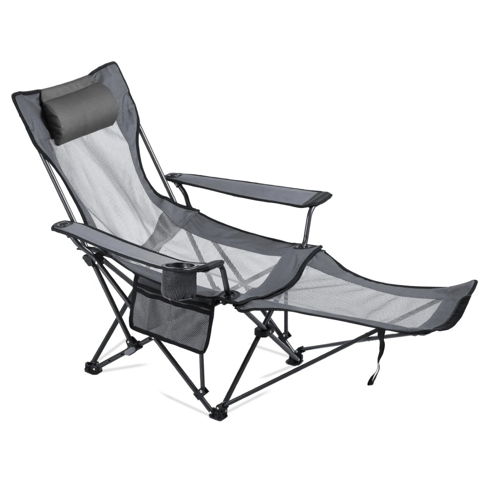 VEVOR Reclining Camping Chair,4 Adjustable Positions,Portable Folding Lounger for Adults,Mesh Beach Chair with Headrest & Foot Rest,Supports 220 lbs,Heavy Duty Camp Chairs for Patio,Gray
