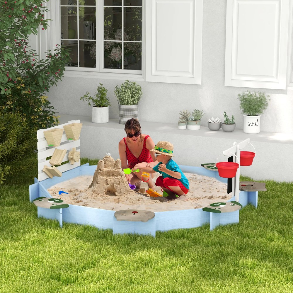 Outsunny Wooden Sandbox for 3-7 Years,  85" x 85" x 25",  Blue