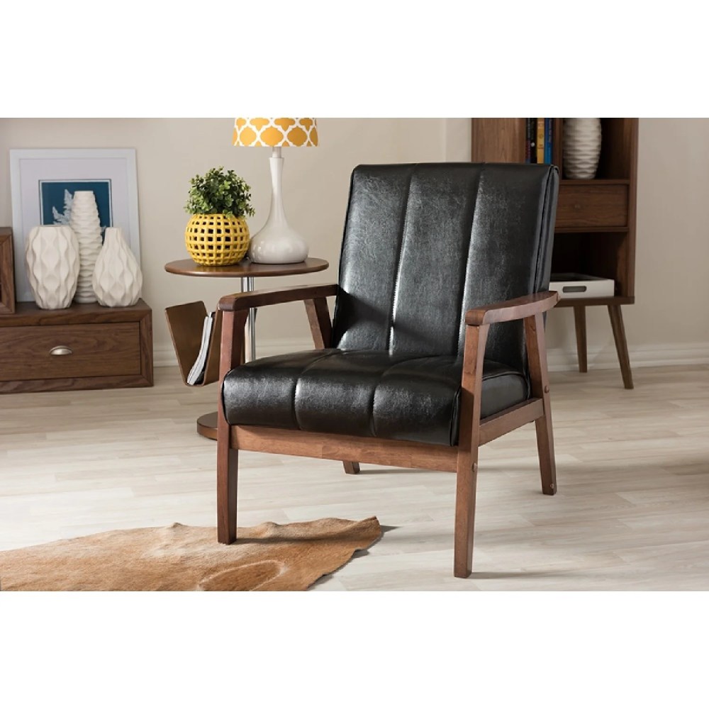 Baxton Studio Nikko Mid-century Modern Scandinavian Style Black Faux Leather Wooden Lounge Chair - Image 5