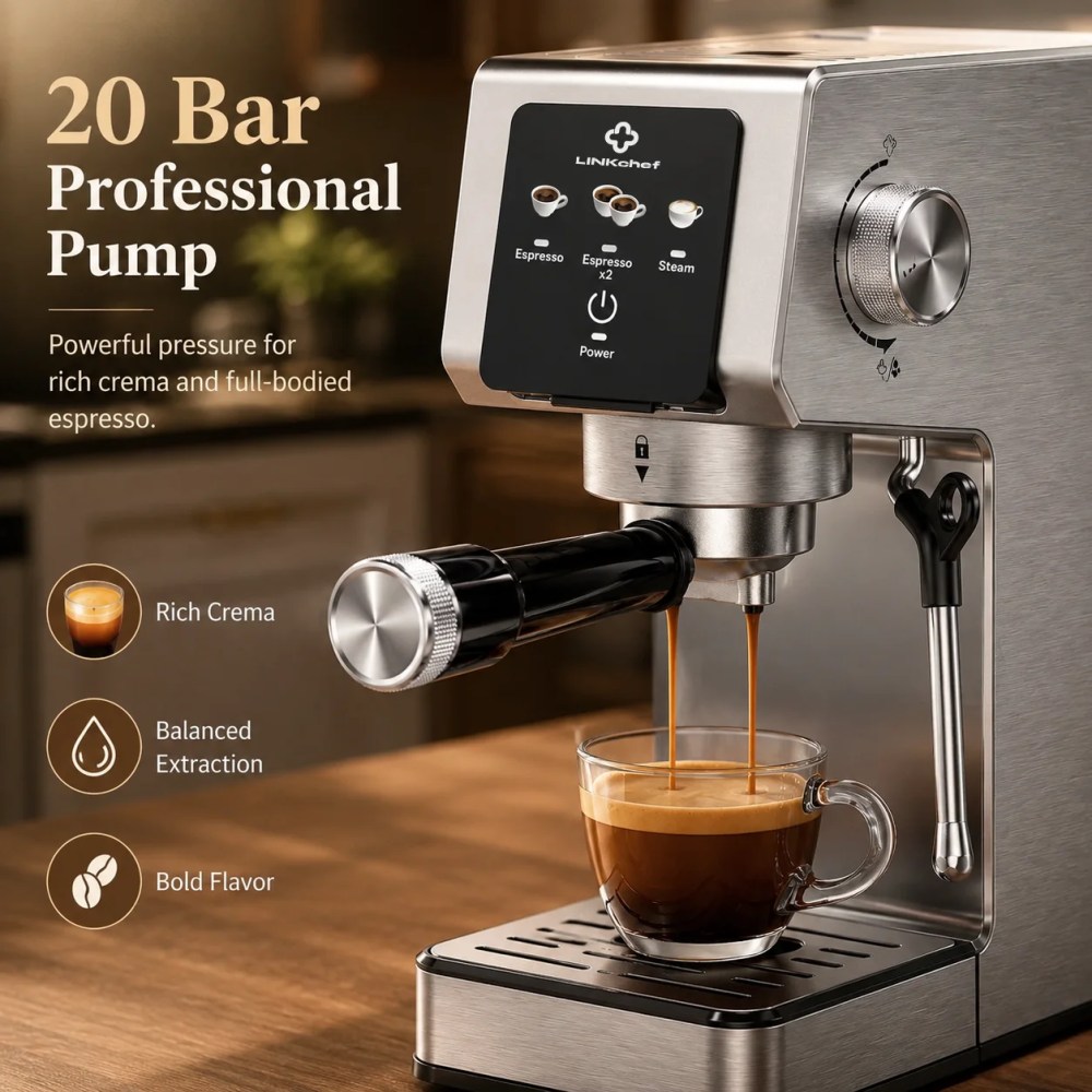 LINKChef 20-Bar Espresso Machine with Automatic Steam Wand,1300W Professional Espresso Maker,40 oz Removable Water Tank,Single & Double Shot - Image 7