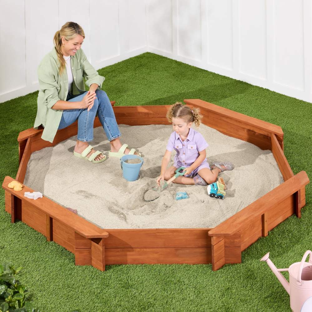 Best Choice Products Kid's Octagonal Wooden Outdoor Sandbox w/ Benches, 8 Seats, Cover, XL Sandpit, Liner - Brown