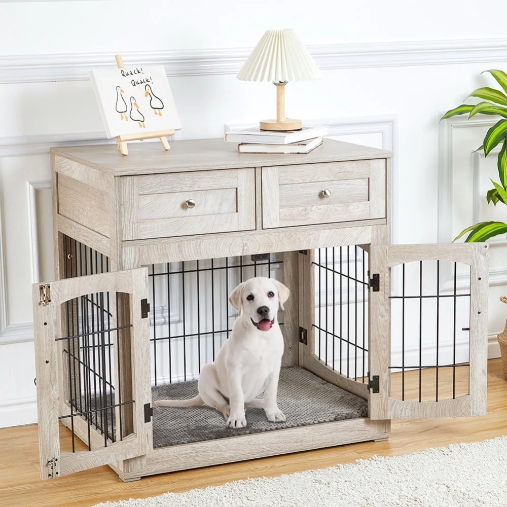 COZONY 32"L Heavy Duty Dog Crate Furniture With 3 Doors,  2 Drawer Wooden Kennel Coffee Table,  Removable Mat And Side Door Wooden Kennel Furniture For Small To Medium Sized Dogs,  Gray
