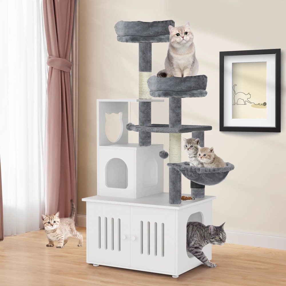 Dextrus 2-in-1 Cat Furniture Condo,  59" Cat Tree Multi-Functional Cat Tower with Litter Box Enclosure,  Wood House,  Scratching Post,  Feeding Station,  Hammocks & Brush - White
