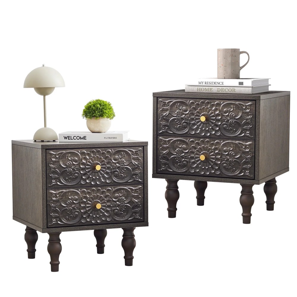 Wirrytor Modern Short Nightstand Set of 2 with 2 Drawers,Bedside Table 2 Drawer Dresser with Embossed Pattern,Storage End Table with Wooden Legs for Bedroom & Living Room,Black