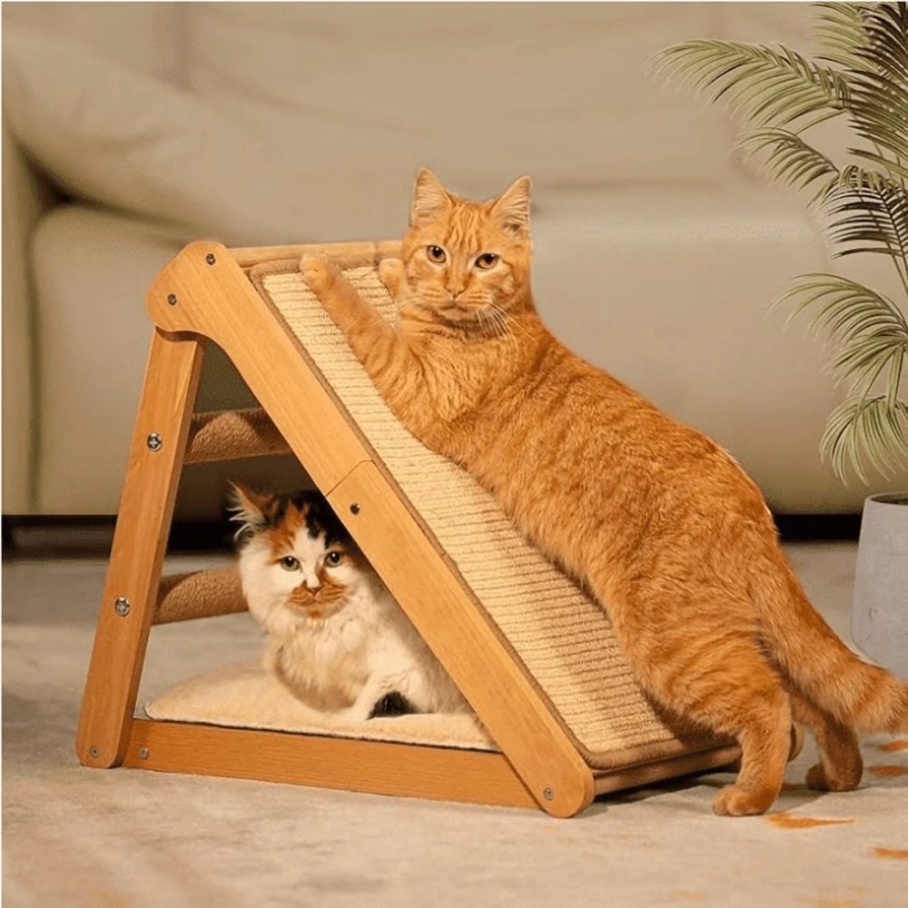 CheerPals Sisal Cat Scratcher Ramp with Cushion,  20" x 14.1" Large Foldable Scratch Board Cats Scratching Post,  Wooden Pet Furniture