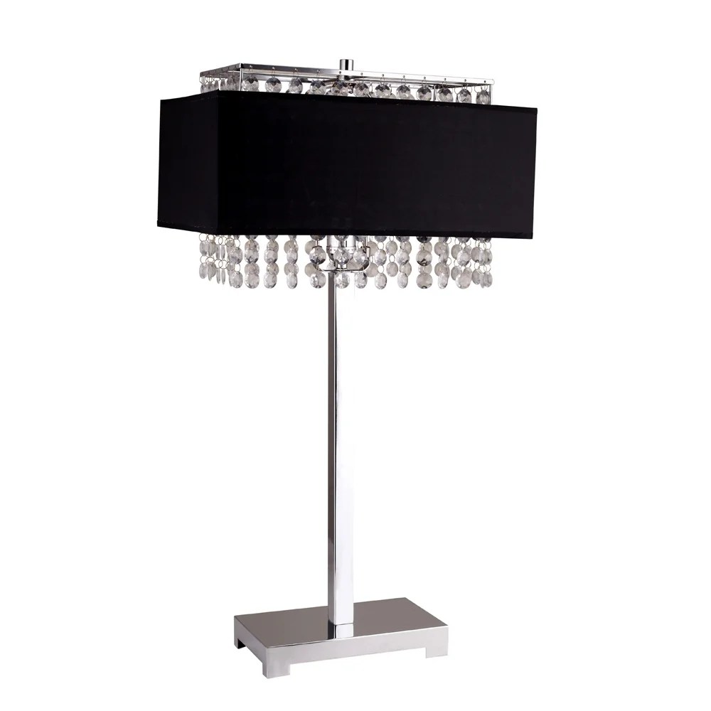 28" Tall Metal Table Lamp, Crystal and Black Linen Shade