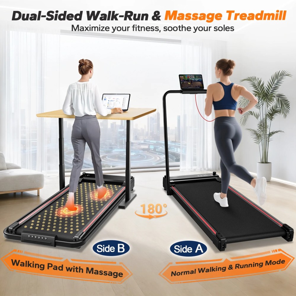 BEROCA 4-in-1 Portable Treadmill with Foot Massage, 3HP Foldable Treadmill with Incline Handle, Under Desk Small Treadmill For Home Office with Remote Control LED Display - Image 3