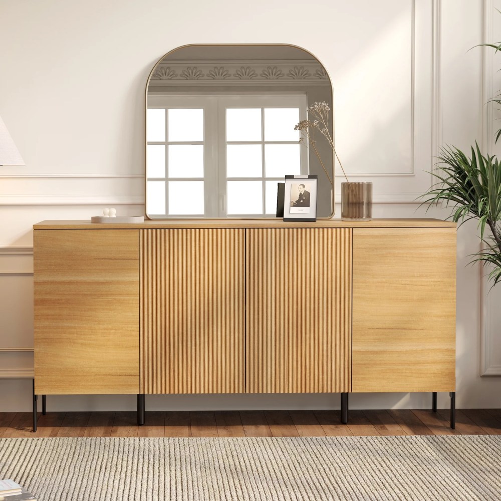 WAMPAT 61" Accent Cabinet with 4 Doors and Adjustable Shelves,Modern Credenza Storage Cabinet with Minimalist Reeded Design for Living Room,Kitchen,Dining Room,Hallway