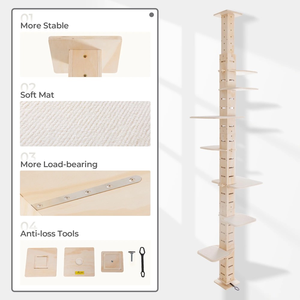 COZIWOW Floor to Ceiling Cat Tree Tower for Indoor Large Cats Tall Cat Climber with Adjustable Height (98-114 inches) 7 Tier Wood Cat Climbing Tower - Image 11