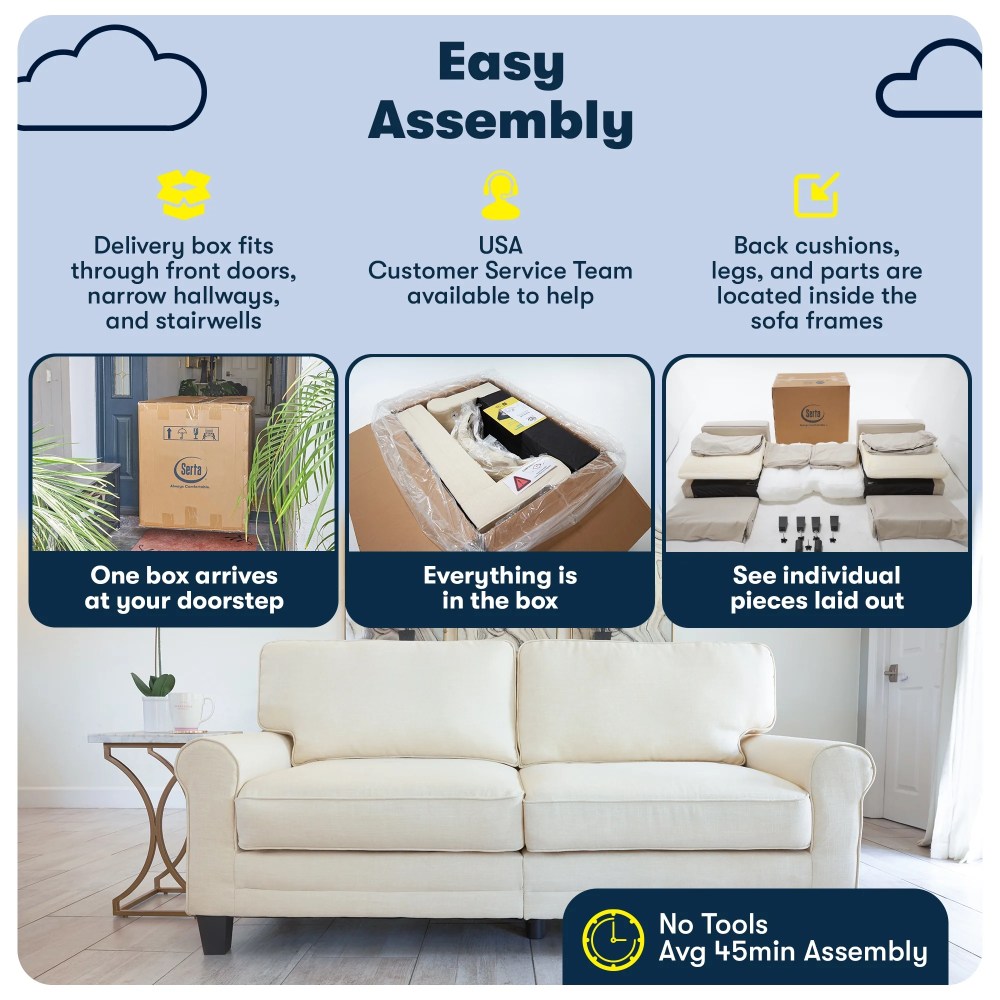 Serta Copenhagen 78" Rolled Arm Sofa, Easy Care Polyester, Loveseat or Couch for Small Spaces, Buckwheat Beige - Image 5