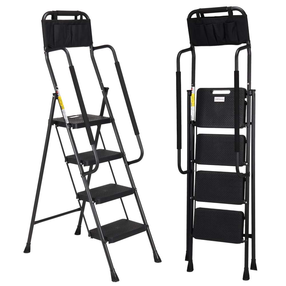 Jocauto 4 Step Ladder with Attachable Tool Bag & Handrails,330 Lbs Capacity,Folding Step Stool Ladder,Multi-use for Home,Kitchen,Office,Black