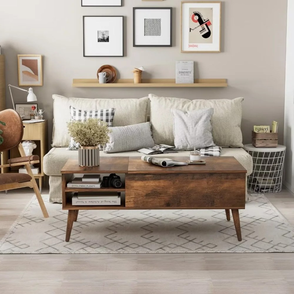 Vineego Classic Lift Top Rectangular Wood Coffee Table,Rustic Oak