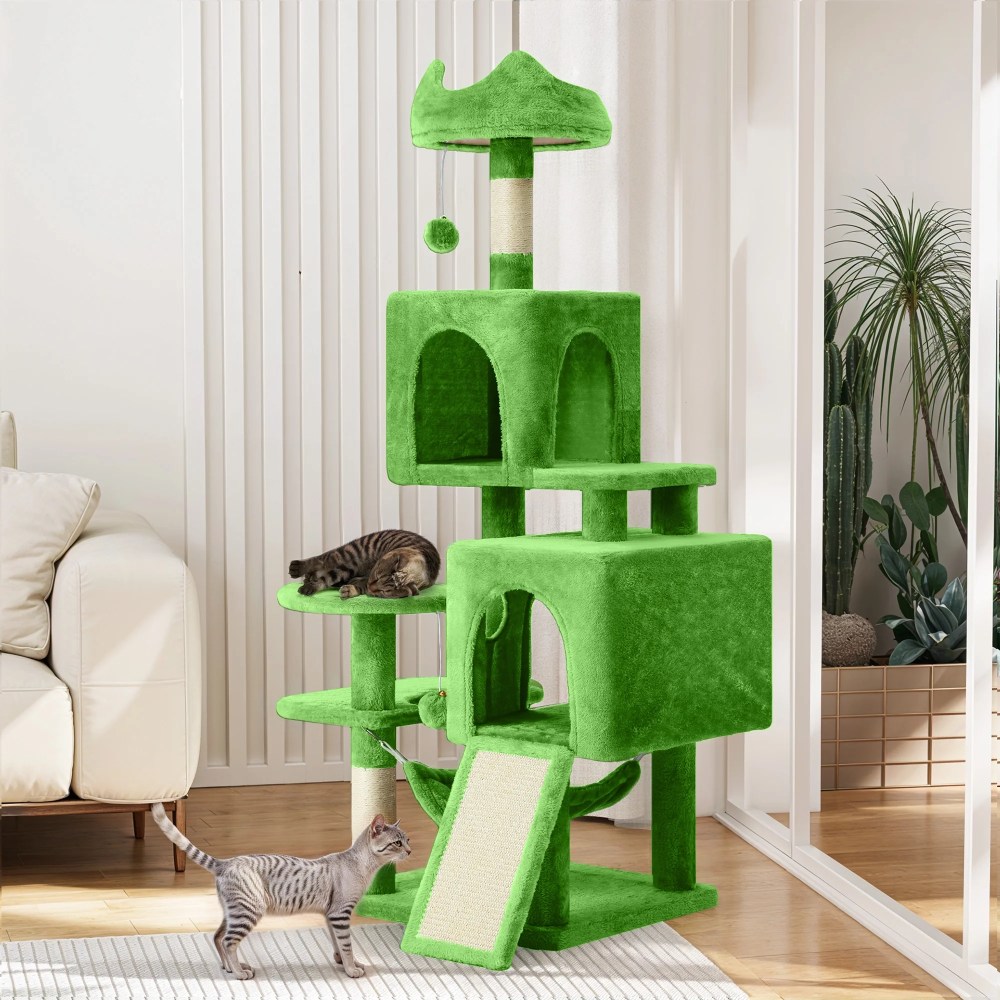 Dextrus 54" Multi-Level Cat Tree Tower with Cat Condos,  Plush Top Perches,  Hammocks,  Sisal Scratching Post Board,  Indoor Cat Activity Center, Green