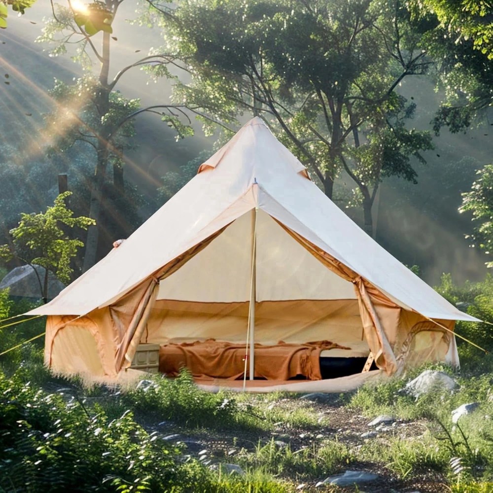 Yoleny Camping Bell Tent, All Season Waterproof Canvas Tent , 3 m/9.8ft Yurt Tent with Stove Jack for 3-4 Person