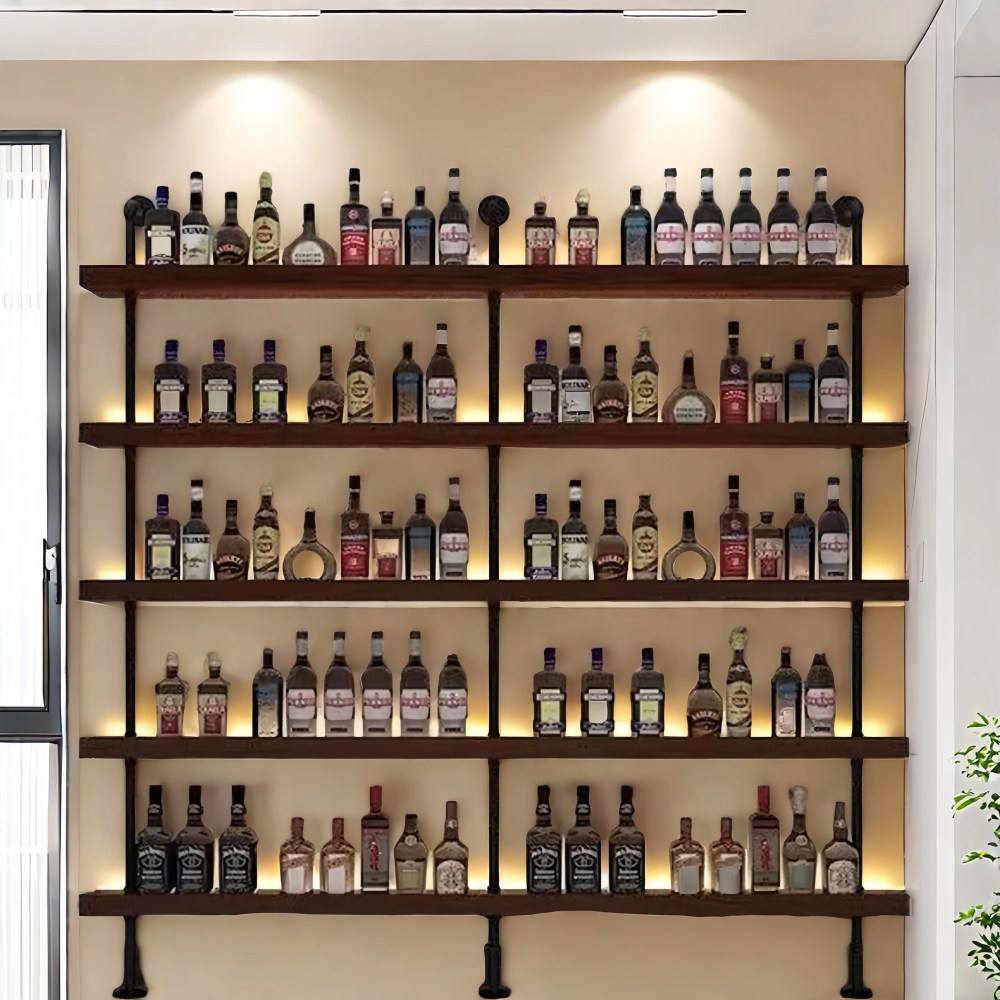 39in Industrial Wall Mounted Wine Rack,5-Tier Rustic Metal Floating Shelves,Large Capacity Wall Bar Shelves for Liquor Bottles for Home Bar & Dining Room,Walnut(Without Lights)