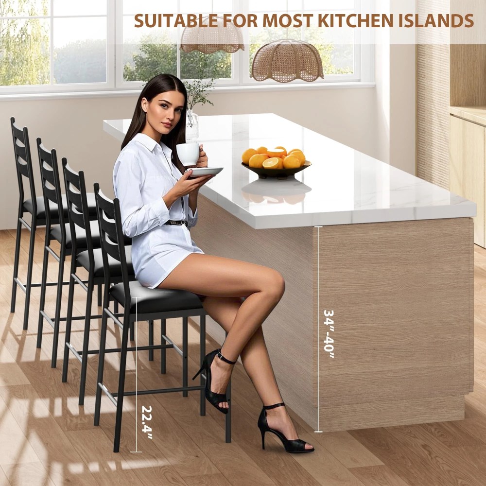 JoanKaren Bar Stools Set of 4,Upholstered Metal Dining Chairs Set of 4 with Wooden Back & Footrest & Thick Cushion,Counter Height Bar Stools for Kitchen Island Apartment,Black