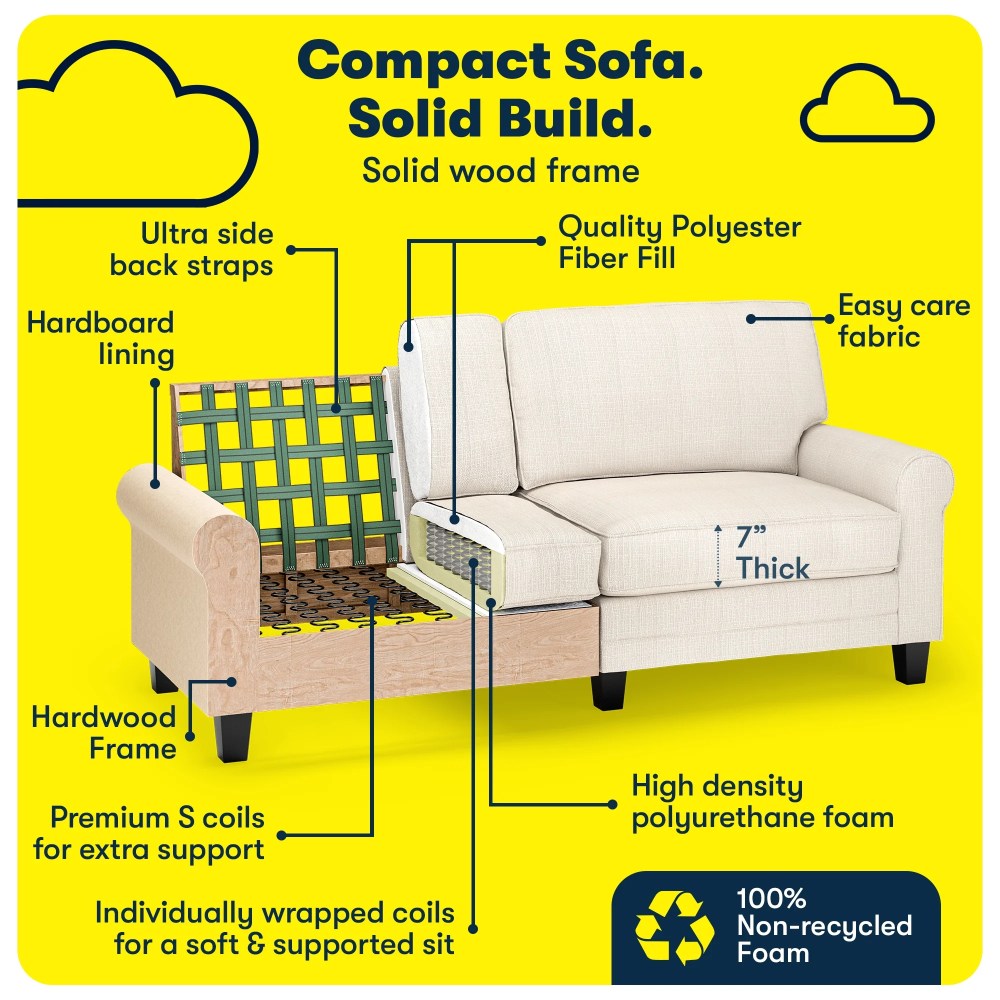 Serta Copenhagen 78" Rolled Arm Sofa, Easy Care Polyester, Loveseat or Couch for Small Spaces, Buckwheat Beige - Image 15