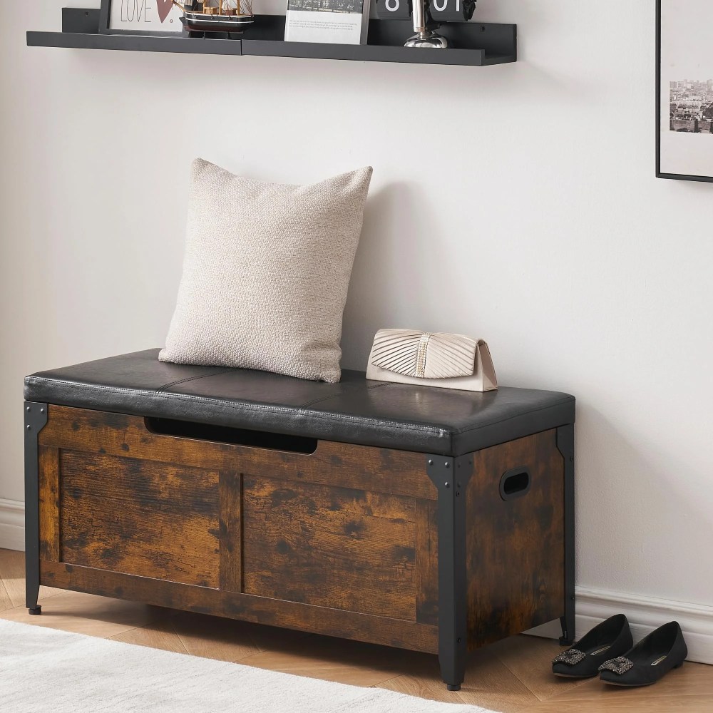 2024 New Wooden Storage Chest Bench, Leather Entryway Shoes Bench with Flip Top Storage Chest,Lift Top Storage Trunk with 2 Safety Hinges for Living Room Bedroom Entryway