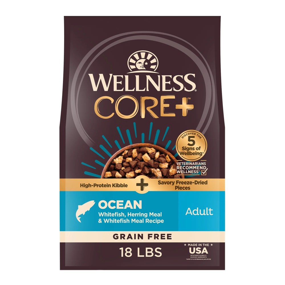 Wellness CORE Dry Dog Food with Freeze Dried Pieces,  Grain Free,  High Protein,  Natural,  Ocean Whitefish,  Herring,  & Salmon Recipe,  (18-Pound Bag)