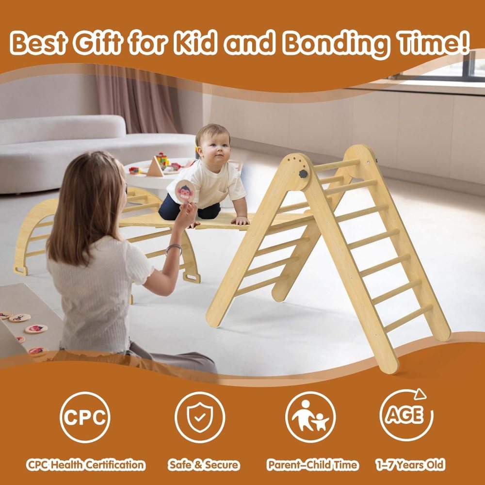 Odaof 5 in 1 Pikler Triangle Set, Baby Climbing Toys Indoor Playground, Foldable Montessori Toddler Climbing Toys with Sliding Ramp & Climbing Arch Ramp, Jungle Gym for Kids, Primary - Image 2