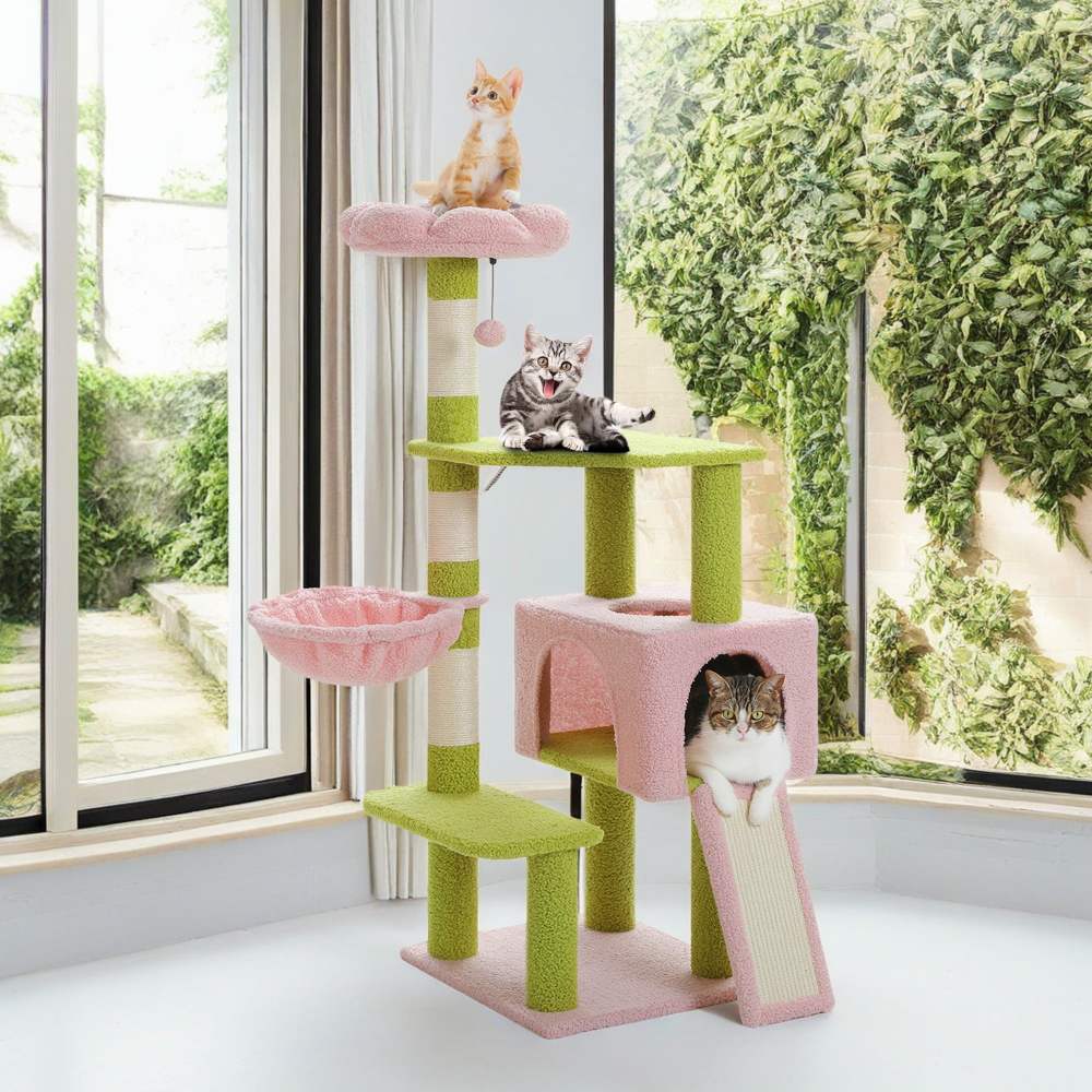 Demi Bonn 47" Flower Cat Tree Tower for Indoor Cats,  Cat Condo with Pink Top Perch for Kittens,  Cat Tree House with Sisal Scratching Posts,  Pink