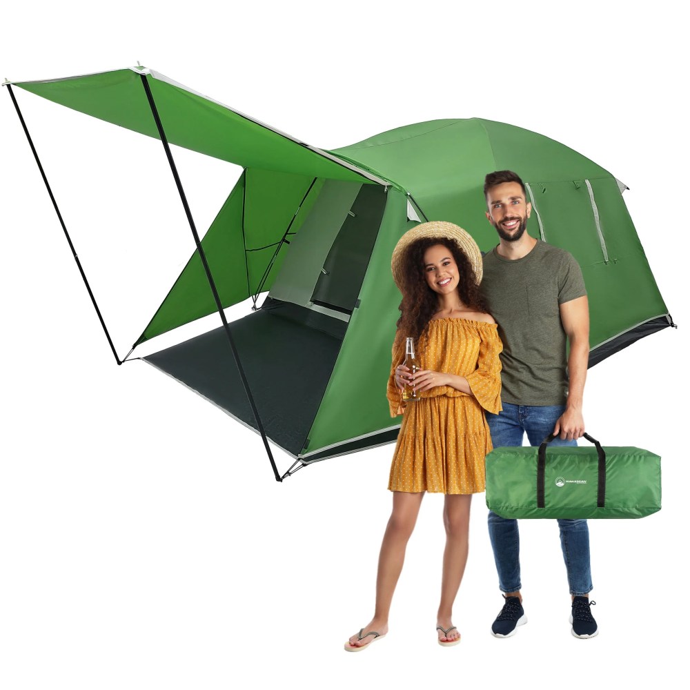Wakeman Outdoors 4 Person Camping Tent with Attached Porch Canopy,  Green