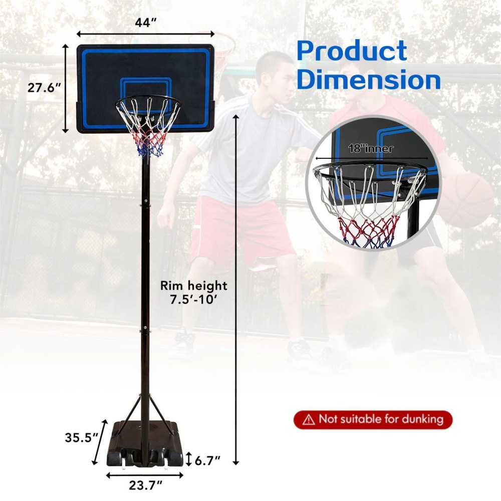 Vebreda 44" Adjustable Portable Basketball Hoop with 7.5 - 10 ft. Height Adjustable for Outdoor Indoor Court, Blue - Image 2