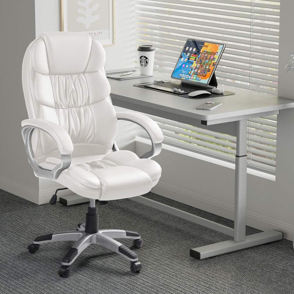 Vineego Office Chair High Back Computer Chair Ergonomic Desk Chair,PU Leather Adjustable Height Modern Executive Swivel Task Chair, White