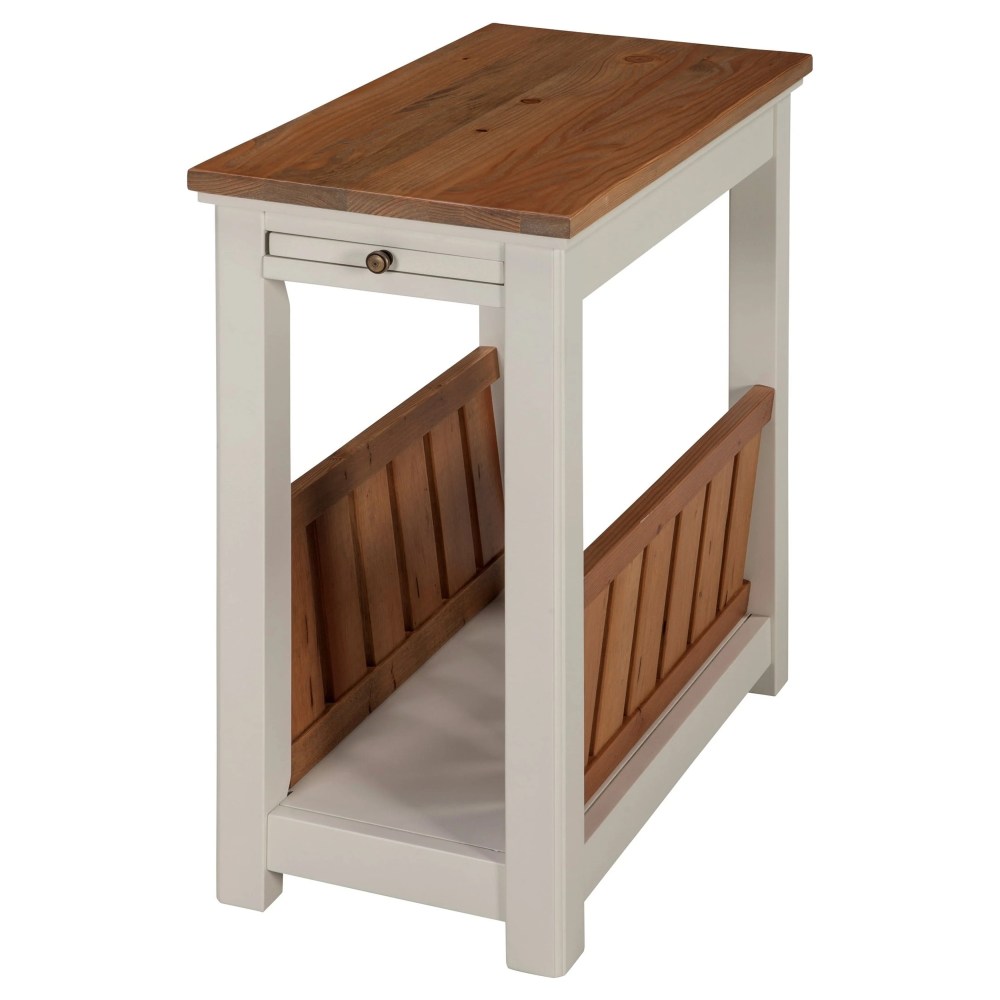 Alaterre Furniture Savannah Chairside Magazine End Table with Pull-out Shelf,Ivory with Natural Wood Top