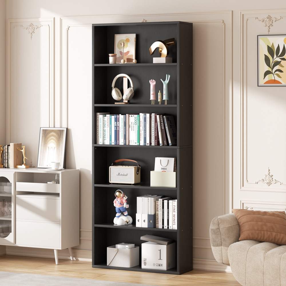 Walsunny 6 Tier Bookshelf Standard Wooden Bookcase Display Shelf with Storage Anti-tipping Device for Home Office Living Room Black