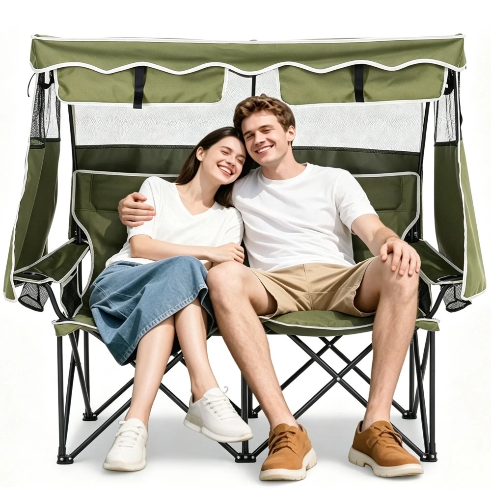 ABORON Oversized Loveseat Camping Chair for Two with UPF 50 Canopy Sun Shade, Portable Folding Canopy Camping Chair with Cup Holder & Side Pocket, Double Camping Chair for Outdoor Beach Lawn Picnic