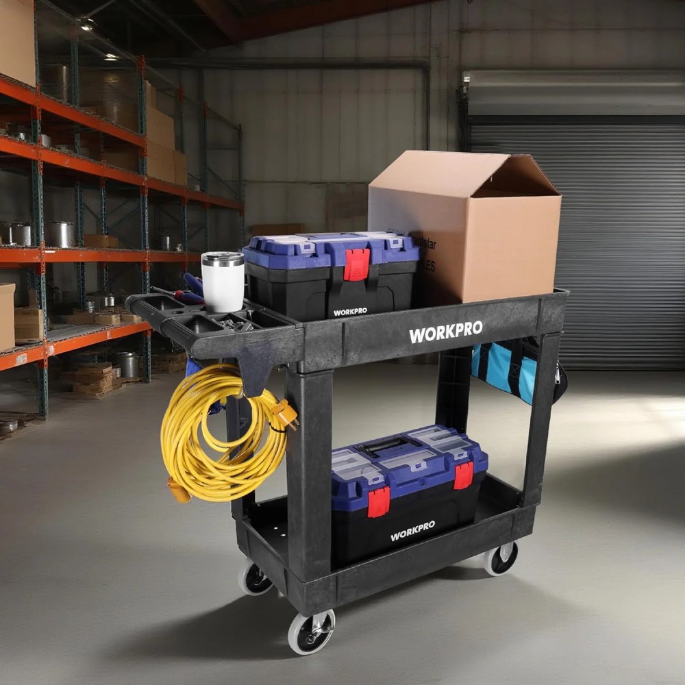WORKPRO 500 LBS 2-Tier Utility Service Cart,Rolling Tool Cart with 360'Swivel Locking Casters,39"x17"x33" PP Plastic Work Station for Garage & Home - Image 3