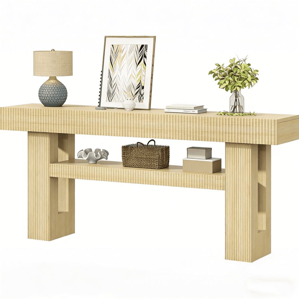 VVFLU 63-Inch Long Entryway Console Table with a Fluted Design,Thick Wood Farmhouse Sofa Table Behind Couch,Narrow Hallway Accent Table for Living Room,Foyer,Entrance,Oak